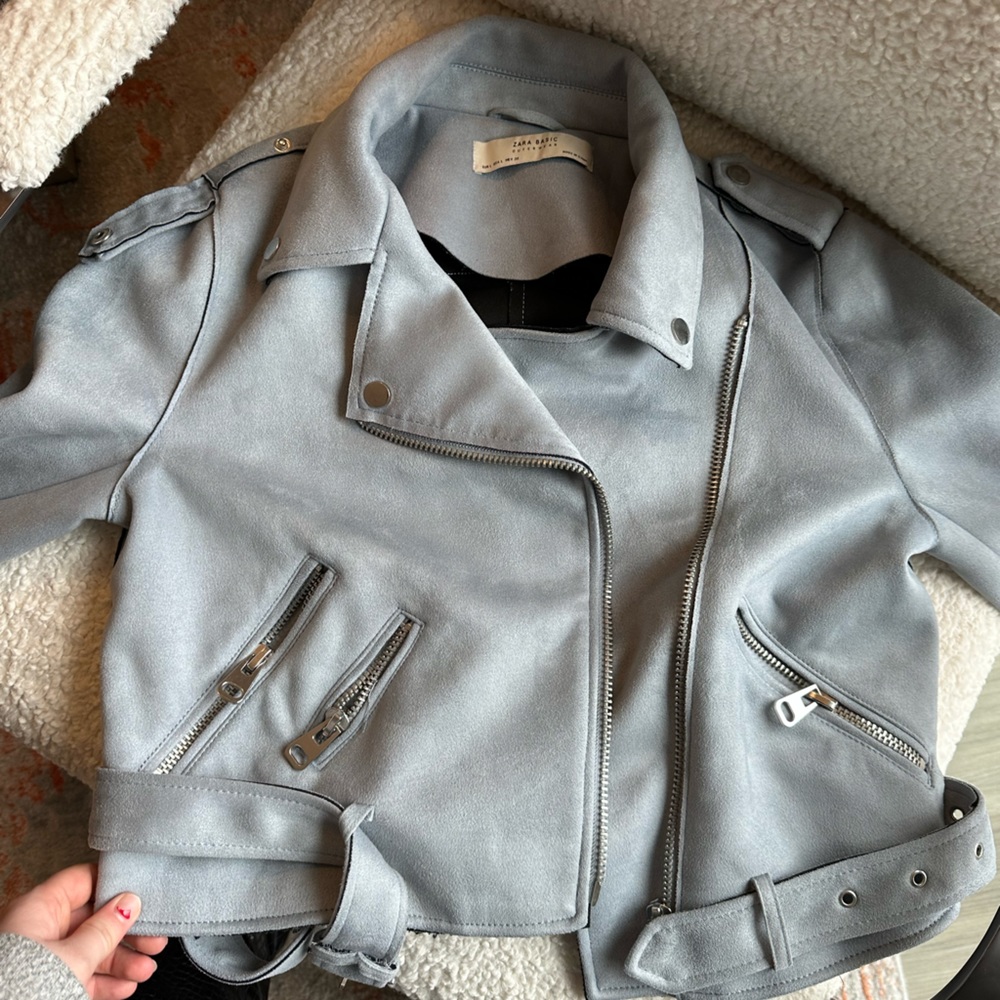 Zara light blue suede moto jacket